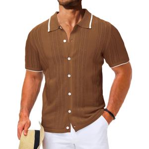LETSEE Linen Shirts for Men Short Sleeve Blouse Button Down Dress Untuckit Shirts Beach Summer Wedding Hawaiian Outfit (3X-Large, Brown Knit)