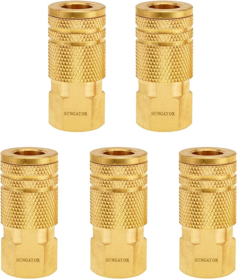 SUNGATOR 1/4'' Air Hose Fittings, 5-Pack Brass 1/4 Inch NTP Female Industrial Couplers, 1/4'' Air Line Quick Connect Fittings, Compressor Hose Repair Accessories Kit, 1/4 Inch NTP Couplers