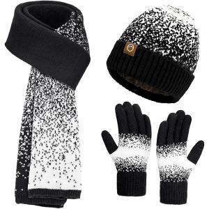 Womens Winter Beanie Hat Scarf Gloves Set - Touchscreen Gloves,Long Knit Scarf & Ombre Snowflake Design Beanie Set for Women, One Size