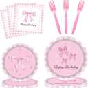 Pink Bow Paper Plates Napkins Forks Tableware Set for Girls Baby Shower Coquette Pink Bow Themed Birthday Party Supplies Decorations