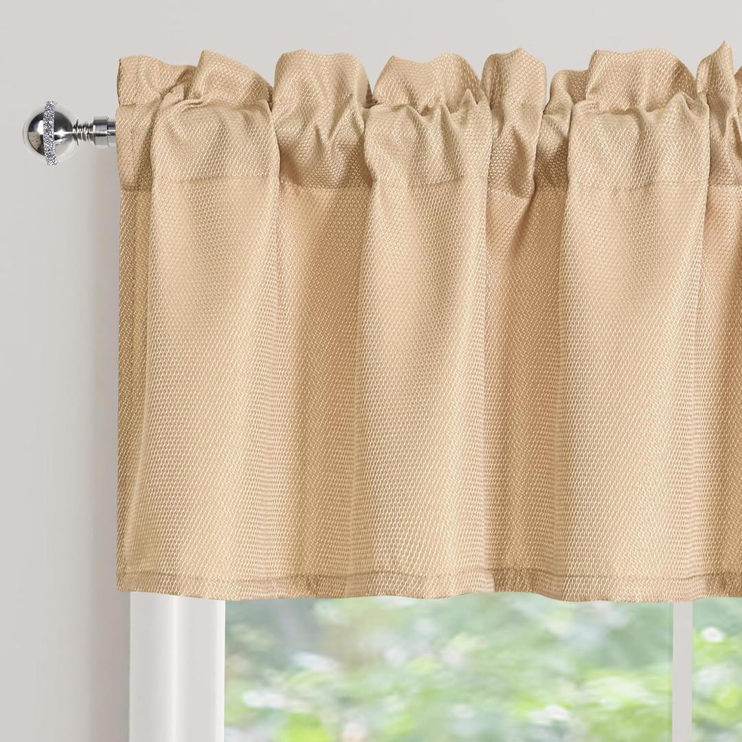 XWZO Beige Valances for Kitchen Windows Spillproof Antiwrinkle Jacquard Rectangle Textured Valance Curtains for Basement Bathroom Laundry Short Half Window Cafe Curtains,1 Piece, 60x15 Inch
