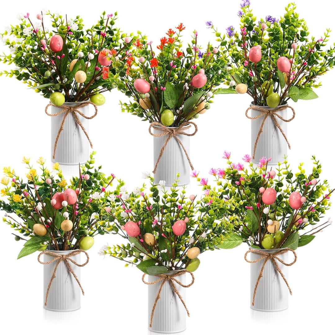 Riceshoot 6 Sets Spring Easter Table Centerpiece Decor 12 Easter Artificial Flower Picks with 6 Metal Pots 12 Eucalyptus Egg Stems Twig Branches Sprays with Berries for Home Arrangement(White)