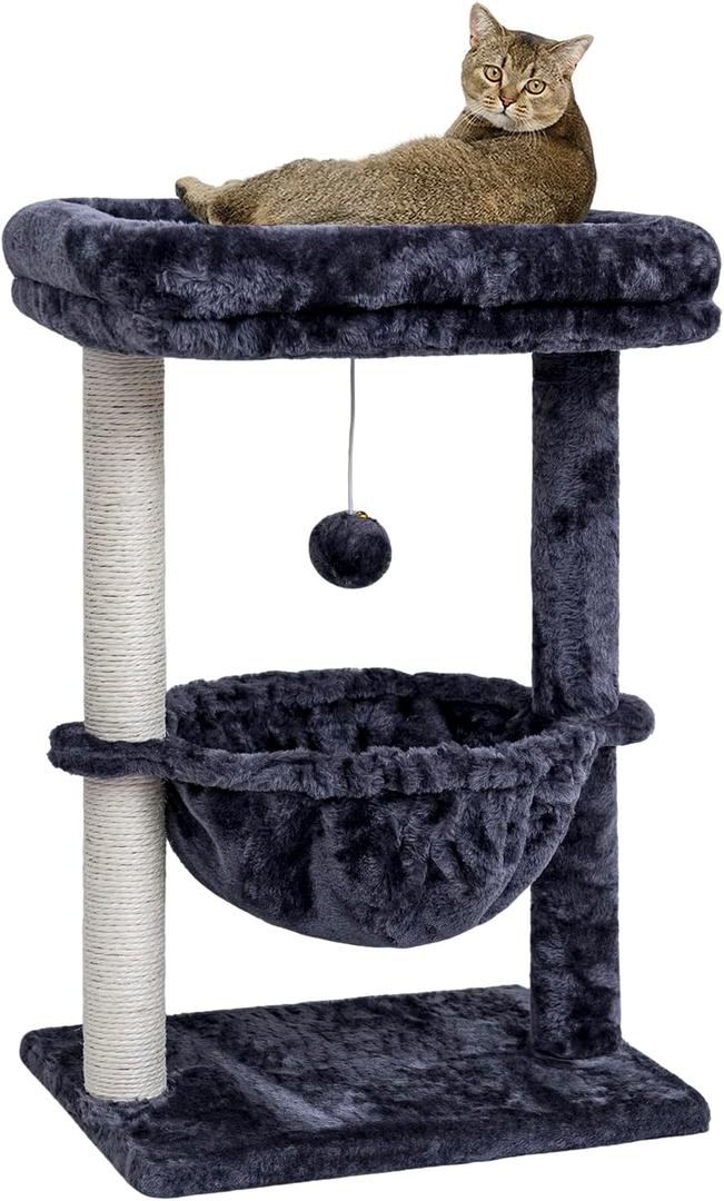 SYANDLVY Small Cat Tree for Indoor Cats, Activity Cat Tower with Scratching Post for Kittens, Cat Condo & Furniture with Basket & Hanging Ball for Play Rest (Smoky)
