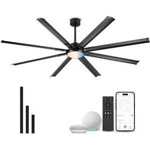 84 Inch Industrial Ceiling Fan with Light, Large Ceiling Fan with 8 Aluminum Blades, Works with Alexa, 6-Speed Reversible DC Motor, 3 CCT Settings, Ideal for Covered Outdoor Spaces, CF04BK-84