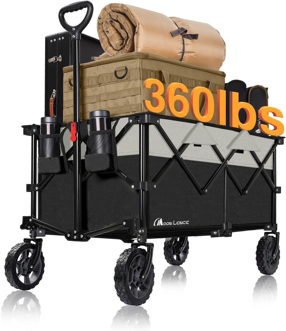 Moon Lence Collapsible Folding Wagon Cart Heavy Duty Folding Garden Portable Hand Cart with All-Terrain Beach Wheels, Adjustable Handle & Drink Holders (Black & Army green)