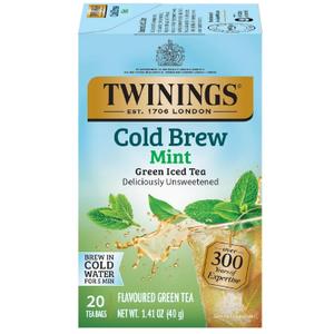 Twinings Cold Brewed Iced Tea - Mint Flavored Green Tea with Peppermint Leaves, Caffeinated Green and Black Tea Extracts, Unsweetened Cold Brew Tea Bags Individually Wrapped, 20 Count
 (EXP 03/17/28)