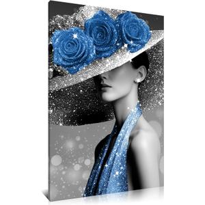 Kalormore Modern Canvas Wall Art Black White Woman Portrait with Sparkling Blue Roses Hat and Dress Gallery Wrapped Contemporary Painting for Living Room Home Decor Easy to Hang 24"x36" (Blue)