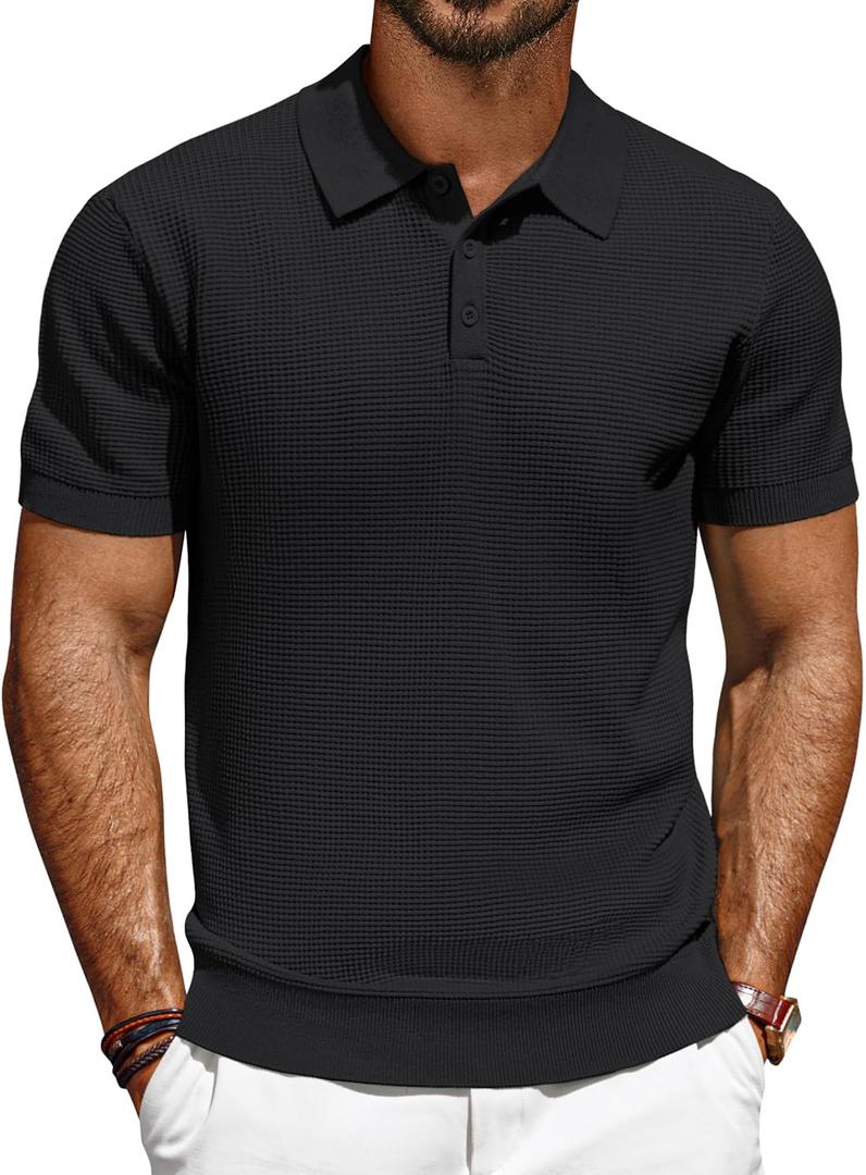 PJ PAUL JONES Polo Shirts for Men Short Sleeve Casual Knit Waffle Texture Polo Golf Shirt (Small, Black)