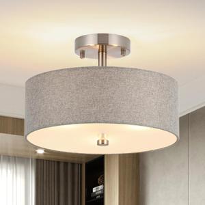 3-Light Semi Flush Mount Ceiling Light Fixture, 13" Modern Drum Light with Grey Fabric Shade, Close to Ceiling Lighting Hanging Lamps for Bedroom Living Room Dining Room Kitchen Hallway