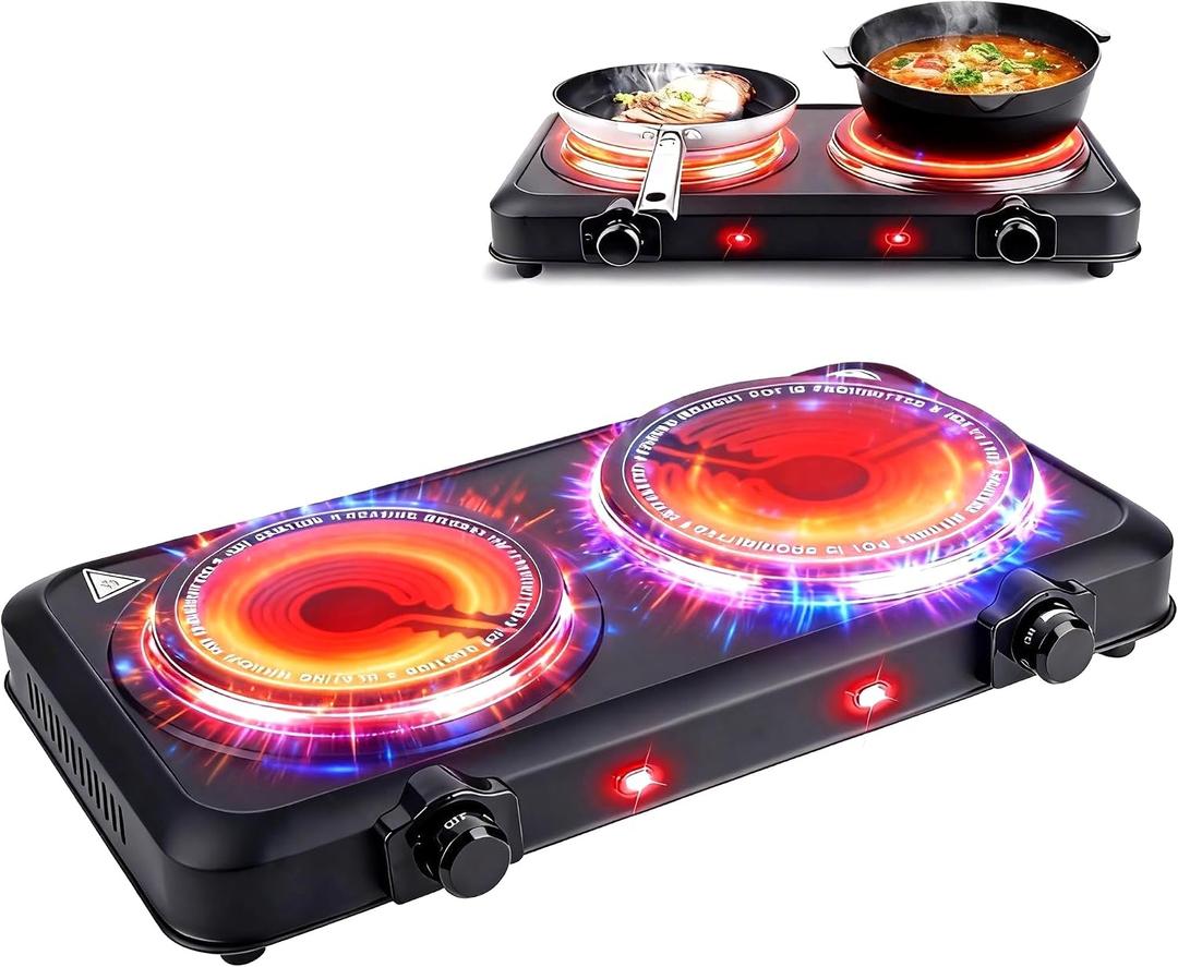 1800W Hot Plate,Portable Electric Stove Countertop Double Burner Infrared Burner with 7.5 & 6.3 Ceramic Glass Cooktop Stepless Temperature Adjustments for Home