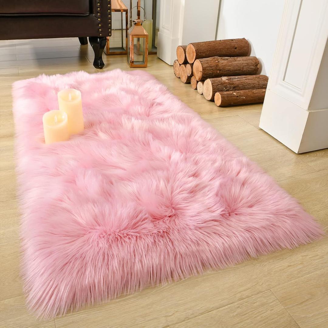 LOCHAS Soft Fluffy Faux Fur Rugs for Bedroom Bedside Rug 2x4 Feet, Washable, Furry Sheepskin Area Rug for Living Room Girls Room, Luxury Shag Carpet Home Decor, Pink