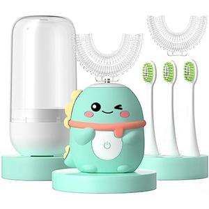 JIANLEJIA Kids Electric Toothbrush U Shaped Toddler Auto Sonic Toothbrushes with 5 Brush Head,Cartoon Dinosaur Ultrasonic Toothbrushes for Children 2-12 Years,360° Full Mouth Cleaning Automatic