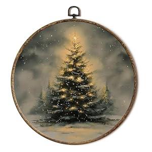 Lengues Christmas Tree Stars Round Wall Art, Christmas Gifts Round Wall Decor, Vintage Winter Canvas Framed Art Prints, Cottage Holiday Xmas Tree Forest Hanging Frame for Home Room Decor 10x10 Inch