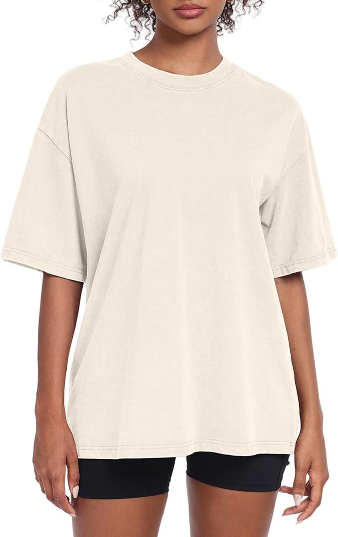 Womens Washed Vintage Oversized T-Shirt Casual Baggy Streetwear Boyfriend Tee Workout Short Sleeve Cotton Tops (Medium, Beige)