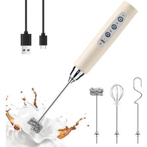 YUSWKO Beige Handheld Milk Frother Wand for Coffee, Rechargeable Electric Whisk with 3 Heads 3 Speeds Drink Mixer Coffee Frother For Latte, Cappuccino, Hot Chocolate, Egg YUSWKO Beige Handheld Milk Frother Wand for Coffee, Rechargeable Electric Whisk with 3 Heads 3 Speeds Drink Mixer Coffee Frother For Latte, Cappuccino, Hot Chocolate, Egg