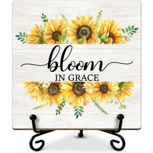 Wooden Table Signs Office Desk Decor - Bloom in Grace, Housewarming Gifts New Home Gifts for Friends, Sunflower Decor Table Centerpieces Desk Decorations for Home Living Room Bedroom -mup16