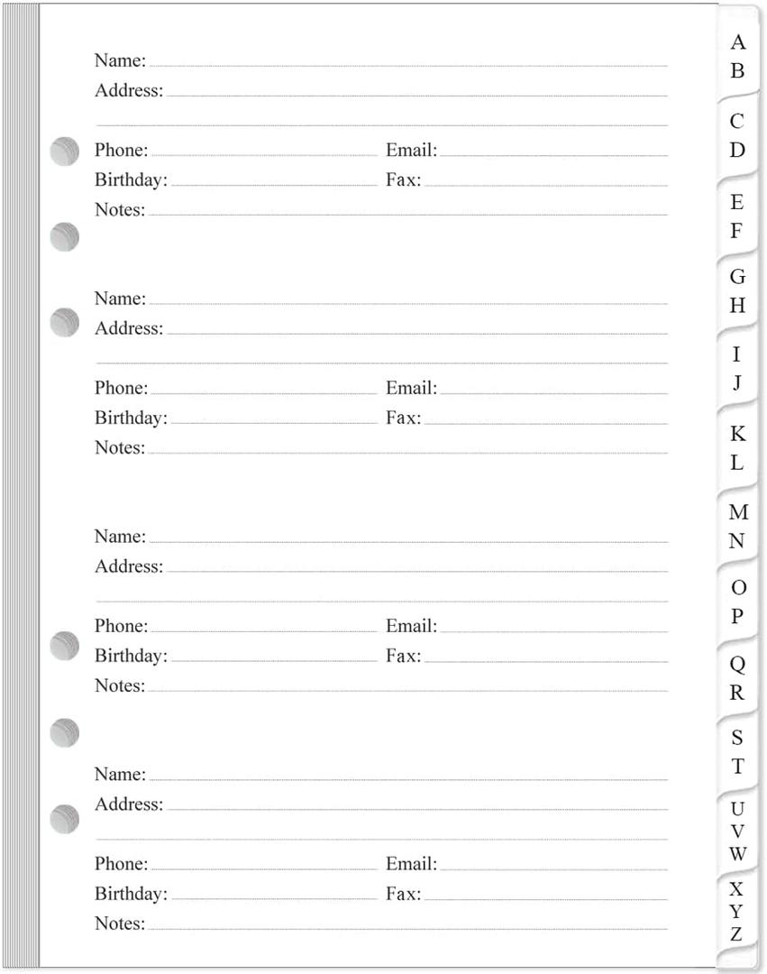 Address Book Refills for A5 Binders - A-Z Address Notebook Refill Paper with Alphabetical Tabs, 120gsm White Paper, 6-Hole Punehed, 5.8" x 8.3"