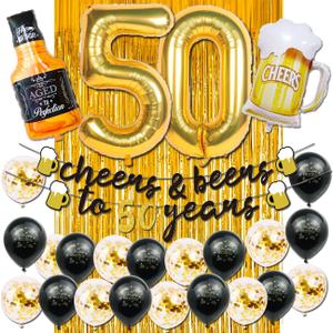 50th Birthday Decorations Men, Happy 50th Birthday Decorations with 40 Inch Gold 60 Number Balloons, Birthday Banner, Latex Balloon, Fringe Curtains and Foil Balloons