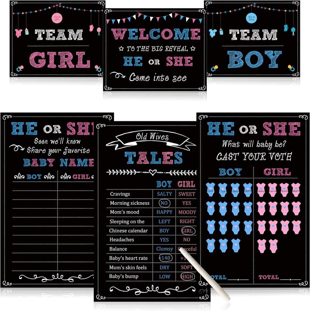 Baby Gender Reveal Party Supplies Kit,Photo Props Games Decorations,Boy or Girl,Includes 3 Game Posters (11x17),3 Signs (8x10),1 Erasable Marker,48 Blue and Pink Voting Stickers (Black)