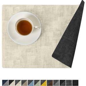 Romanstile Reversible Vinyl Placemats Set of 4, Faux Leather 100% Waterproof Oil-Proof Wipeable Place Mats, Heat Resistant Dual Sided Table Mats for Kitchen/Dining/Party (Grey Beige, 12 x 17 Inch)