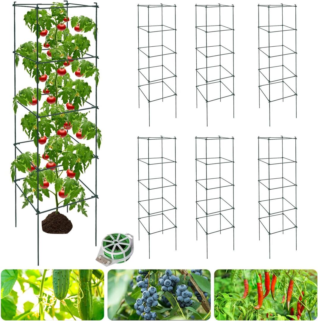 6 Packs Tomato Cages for Garden, 12"12"48" Plant Support Cage with Different Spacing, Green Metal Trellis for Climbing Plants Like Cucumber, Flowers