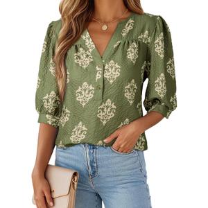 Dokotoo 3/4 Length Sleeve Womens Tops Dressy Casual Blouses V Neck Button Down Shirts Business Casual Outfits Printed. Dress Shirt Short Sleeve Boho Green Tops Small