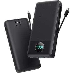Portable Charger 33800mAh USB C Power Bank with Built-in Cables & AC Wall Plug, 25W Fast Charging+QC 4.0 Phone Charger, 4 Output LCD Display Battery Pack Compatible with iPhone16/ 15, Samsung, Android etc