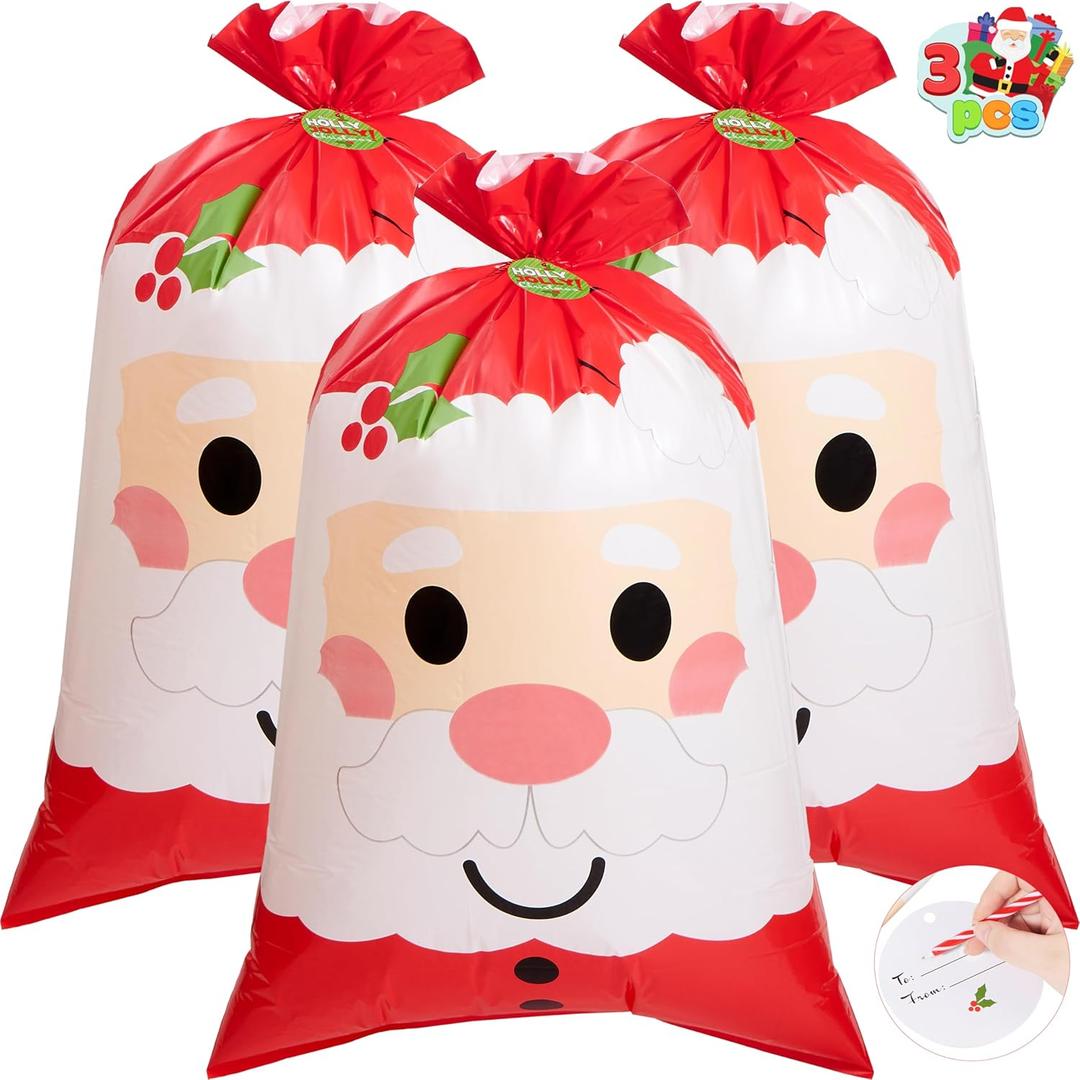 JOYIN 3 PCs Christmas Jumbo Gift Bags with Gift Tag, Xmas Plastic Giant Wrapping Present Bag, Huge, Resuable Large Santa Bag for Holiday Presents, Gifts Decorations