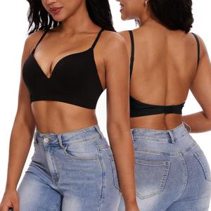 Push Up Bra for Women - Full Coverage Deep V Plunge Bra with Convertible Straps and Low Back (Large, Black)