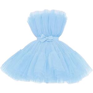 FTBY Women Tiered High Low Prom Dress Bow Sash Tulle Homecoming Pageant Dresses Hot Pink Long (4, Lightblue)