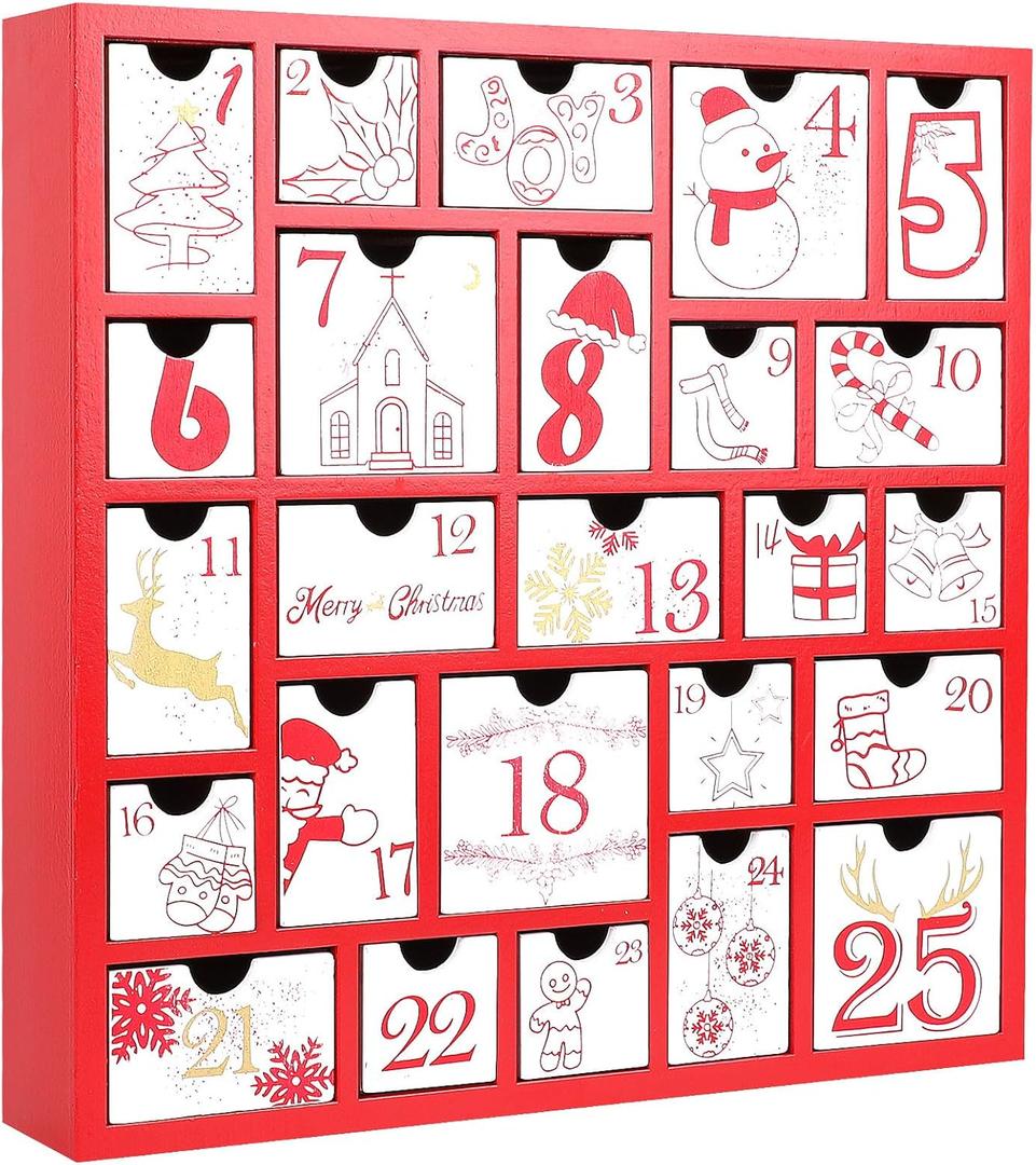 Christmas Wooden Advent Calendar with 25 Large Drawers, Countdown to Christmas Decoration Large Size Xmas Countdown Calendar 2024 Hand Painted Refillable Advent for Holiday Decoration(Red)