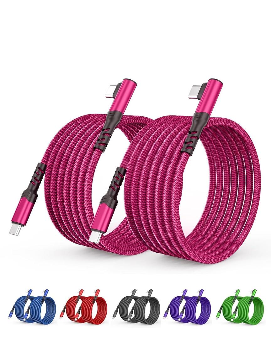 2-Pack USB C to USB C Cable 60W, 10ft+10ft Right Angle 90 Degree USB Type C Charger Fast Charging Cord for iPhone 17 Pro Max/16/15/14/Samsung S25/S24/S23, MacBook, C Port iPad Mini/Air/Pro(Pink)