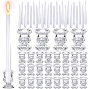48 Pcs Taper Candlestick Holder Clear Glass Candle Holder with 10 Inch White Candles 8 Hours Burn Time Smokeless Candles for Wedding Table Centerpiece Party Decorations