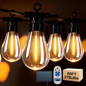 Solar Outdoor String Lights, 50FT 20 Bulbs IP65 Waterproof Patio Lights with Solar & USB-C Dual Charging, Remote Control with Timer, Edison LED String Lights for Garden, Yard, Party, Camping