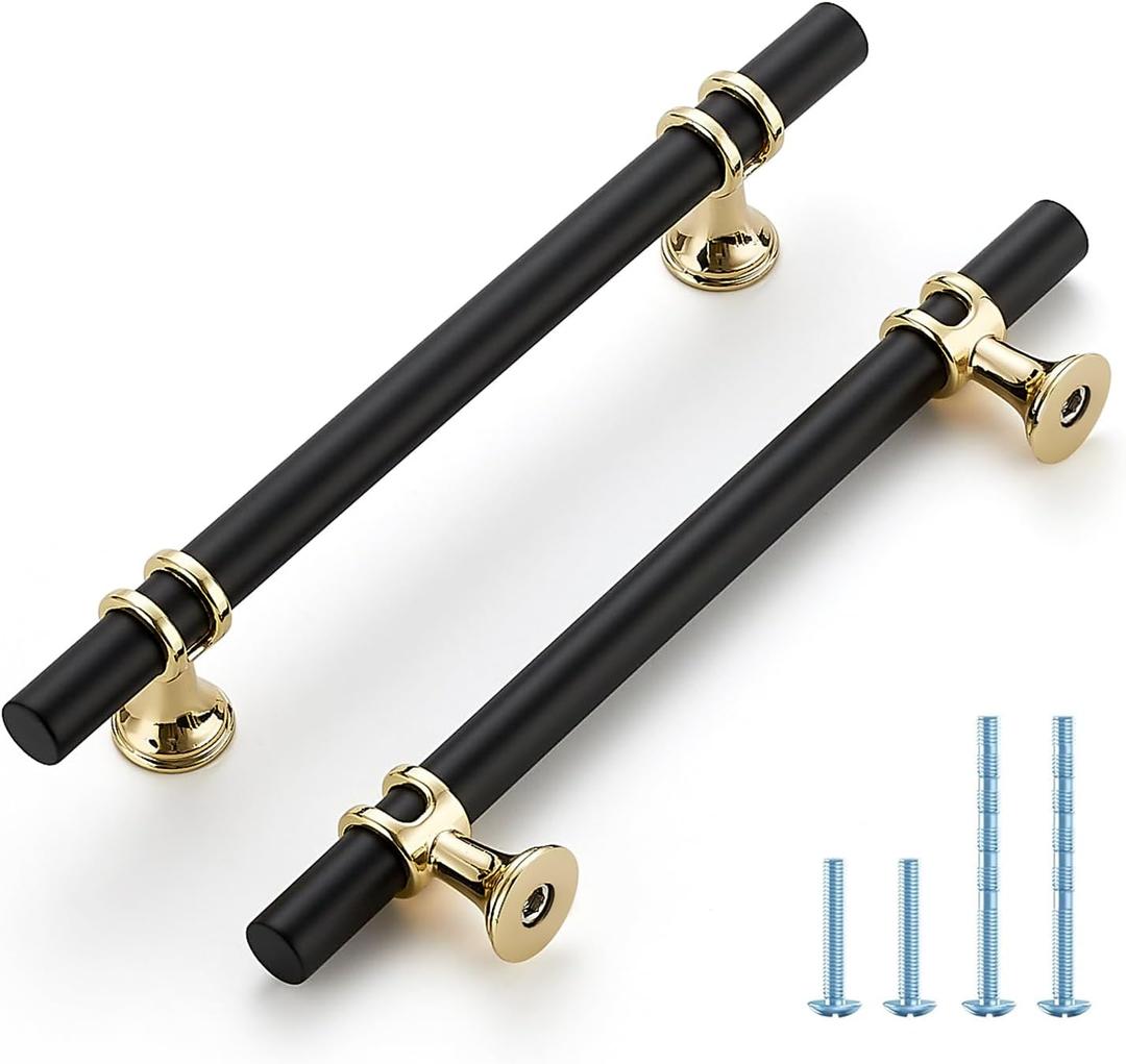 HOME EDIT Matte Black and Brushed Brass Cabinet Handles, 5 Inch Hole Center Modern T-Bar Drawer Pulls, Decorative Hardware for Cabinets, Dressers, and Drawers, 30 Pack