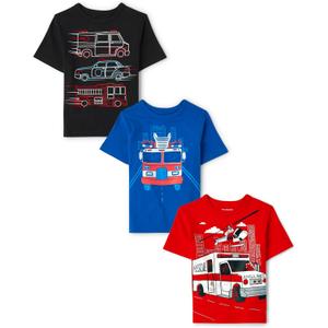 The Children's Place Baby Toddler Boys Short Sleeve Graphic T-Shirt 3-Pack, Blue Firetruck/ Ambulance/ Emergency Vehicles, 2T