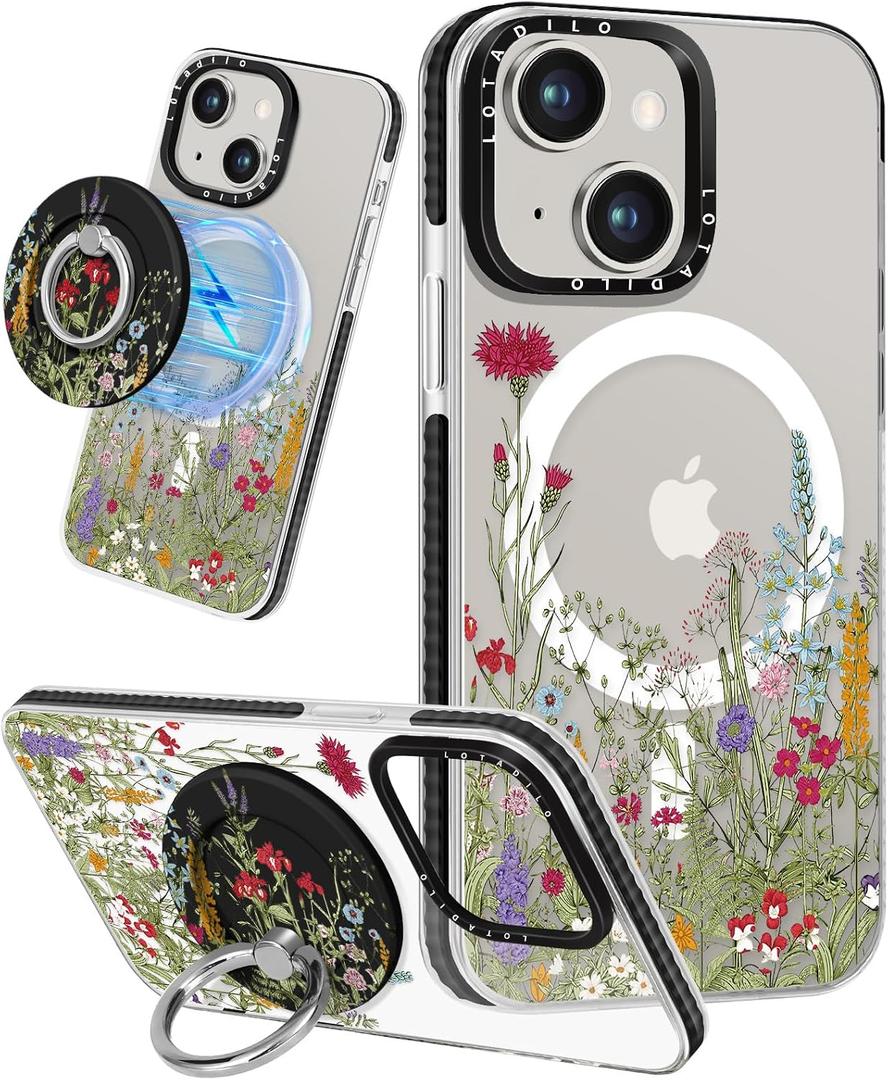 Lotadilo for iPhone 14 Case for Women - Girls Kawaii Design Compatible with Magsafe Magnetic Ring Holder Stand Flowers Plants Phone Covers Aesthetic Girly TPU Funda for 14