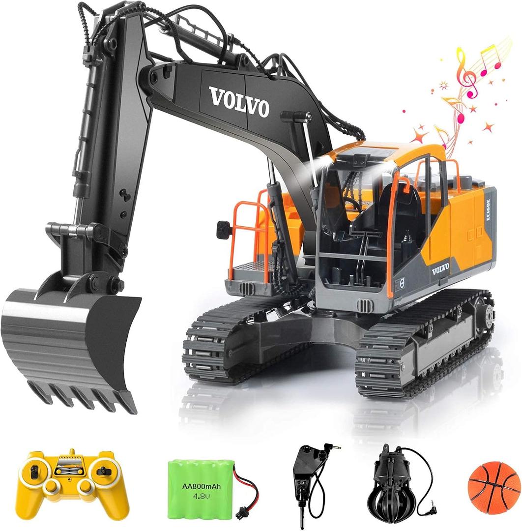 Double E Volvo 1:16 Scale Remote Control Excavator, 17 Channel 3-in-1 Construction Toy with Metal Shovel, Drill, Grab & Lights, 2.4GHz Full Function Digger for Outdoor Sandbox, Gift for Kids & Adults