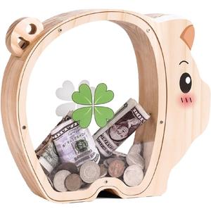 Wooden Pig Piggy Banks for Kids, Unbreakable Coin Bank for Kids with Letter Sticker, Wooden Cashbox Money Jar Personalize Birthday Gift, Educational Toy for Boys, Girls (Large)