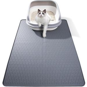 Silicone Cat Litter Mat, 34x22 in Waterproof Litter Box Mat Cats Feeding Mats with Raised Edges, Quick Clean Desig (Grey)