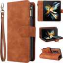 ZZXX for Galaxy Z Fold 4 Wallet Case Zipper Pocket 7.6 inch,Brown