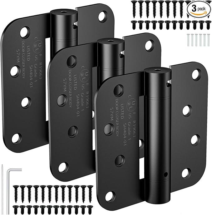 4 Inch Self Closing Door Hinges, 5/8" Radius Corners Spring Loaded Hinges for Exterior, Garage, Front and Back Door, UL Listed, for Left and Right Hand Door, Matte Black, 3 Pack