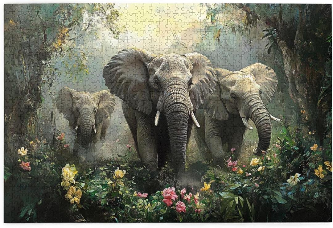 Jungle and Elephants Jigsaw Puzzle 1000 Pcs, Ideal for Game Night, Oil Painting Animal Wooden Jigsaw Puzzle, 1000 Piece Puzzle for Adults, Challenging Charm Puzzle for Game Night