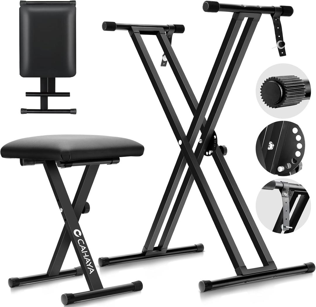 CAHAYA Keyboard Stand and Bench Set: 13~39 Inch Wide Adjustable Height Heavy Duty Portable Piano Stand and Bench with Locking Straps Double-X 7-Level Adjustable for 61 76 88 Key Keyboards