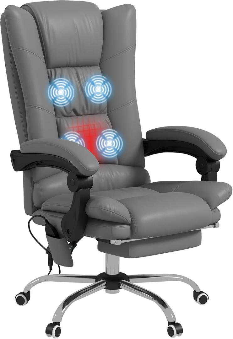 Vinsetto PU Leather Executive Massage Office Chair with 4 Vibration, Computer Desk Chair, Heated Reclining Chair with Adjustable Height, Swivel Wheels, Light Brown