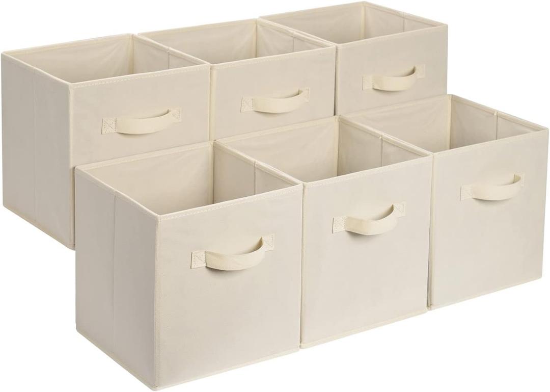 Collapsible Fabric Storage Cube Bins Organizer with Handles, Sturdy, Beige, 13-x-13-x-13-inch, Pack of 6