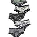 WDIRARA Women's 5 Pack Set Goth Graphic Print Mesh Sheer Lace Trim Mid Rise Underwear Briefs Multicolor Black Medium