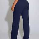 GOKATOSAU Women's Hight Waist Decorative Front Pocket Trousers Straight Wide Leg Long Flared Pants Navy (M)