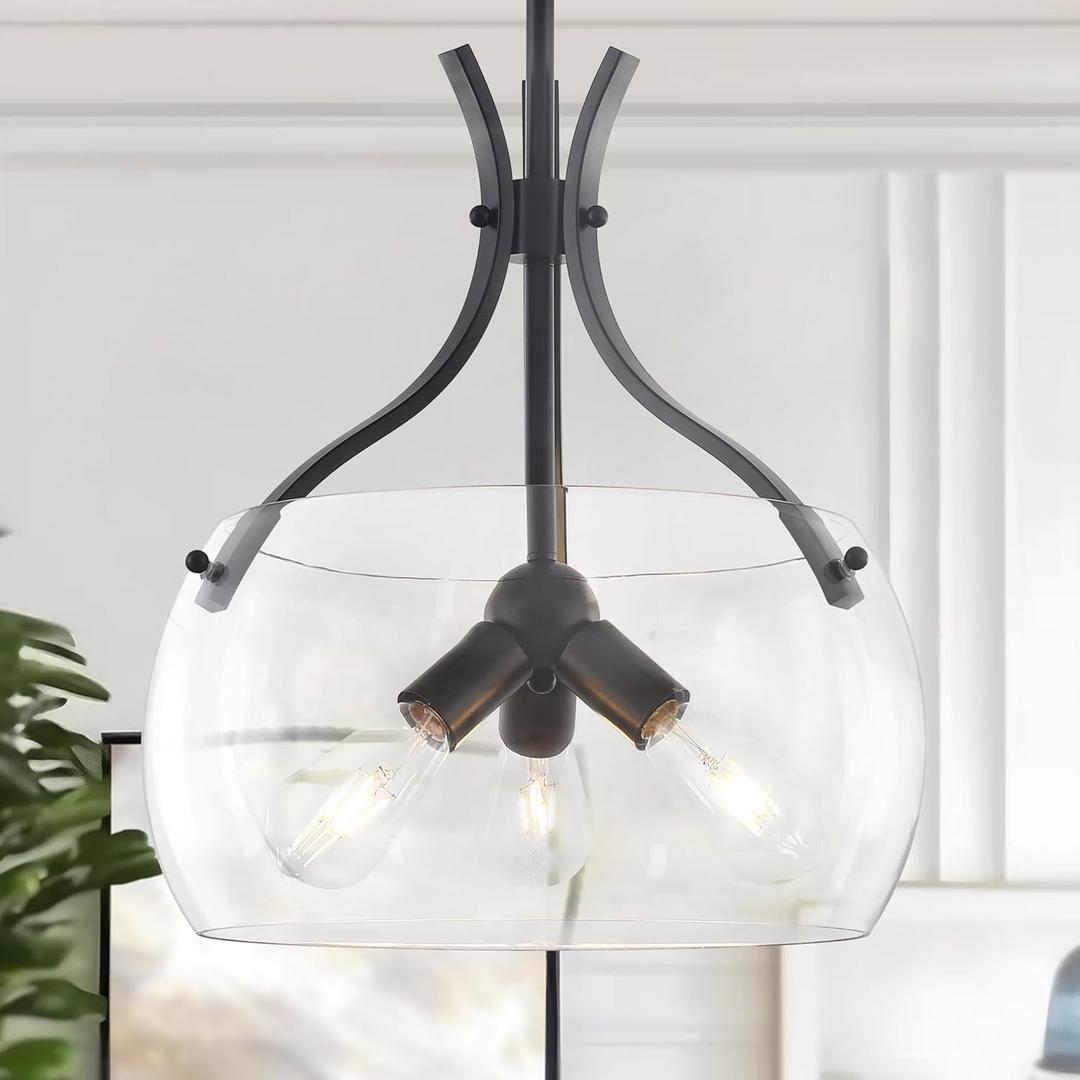 15.7" Large Glass Chandelier, 3-Light Industrial Farmhouse Chandelier, Black Round Pendant Light Fixture with Glass Shade for Dining Room Kitchen Sink Hallway Entryway