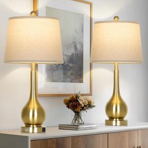 26" Gold Table Lamps Set of 2 for Living Room, Touch Control Bedroom Lamps for Nightstand, 3-Way Dimmable Bedside Lamp with USB A+C Port (2 LED Bulbs Included)